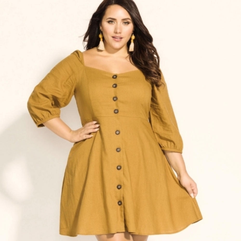 City Chic Summer Fling Mustard Dress Plus Mustard Yellow Button Front Linen